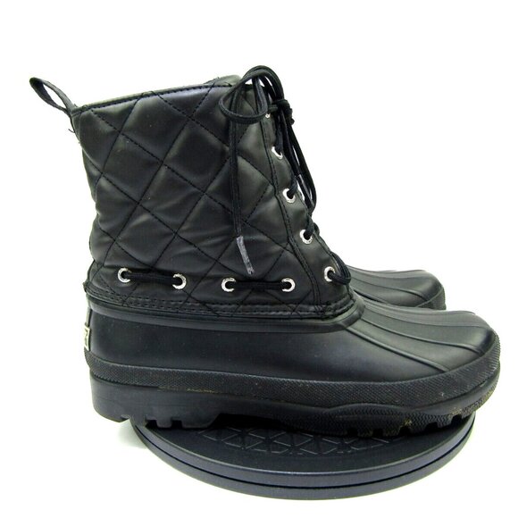 Sperry Duck Boots Womens 8 Black Rubber Quilted Accent Preppy Rain Boots Lace Up - Picture 1 of 7